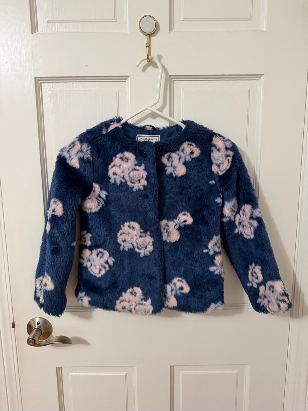Janie and Jack Navy Faux Fur Pea Coat with Pink Floral Motif